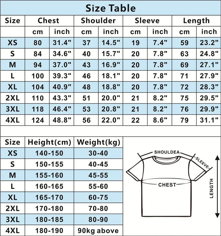 Size Chart of T Shirt