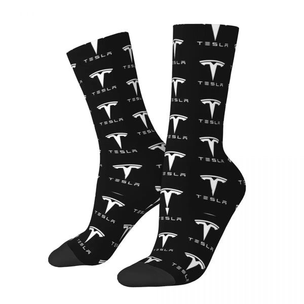 T-Tesla Logo Trendy Socks – Black & White Custom Anti-Slip Cycling Socks